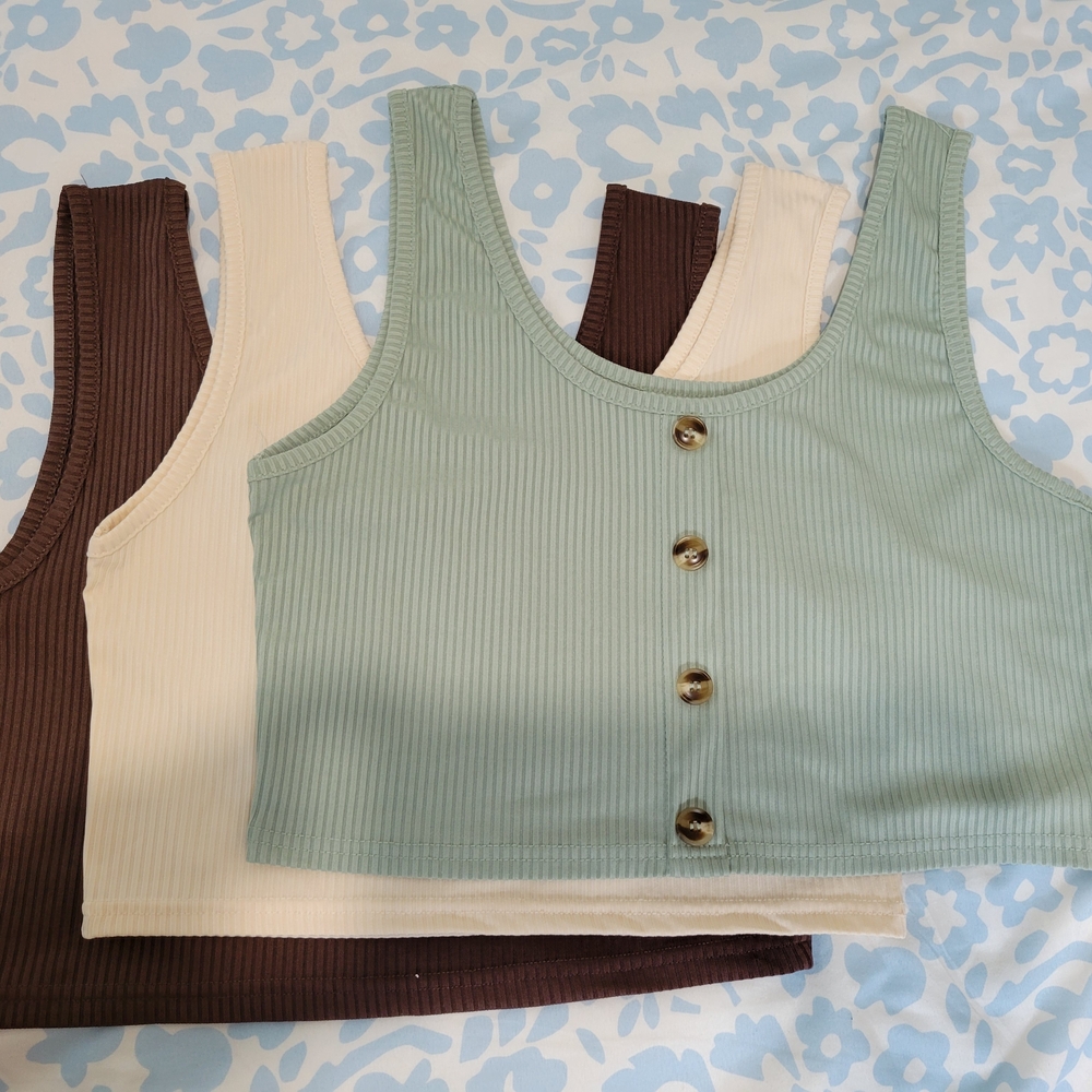Stylish Ribbed Button-Front Crop Tops - Mint, Cream, and Brown
